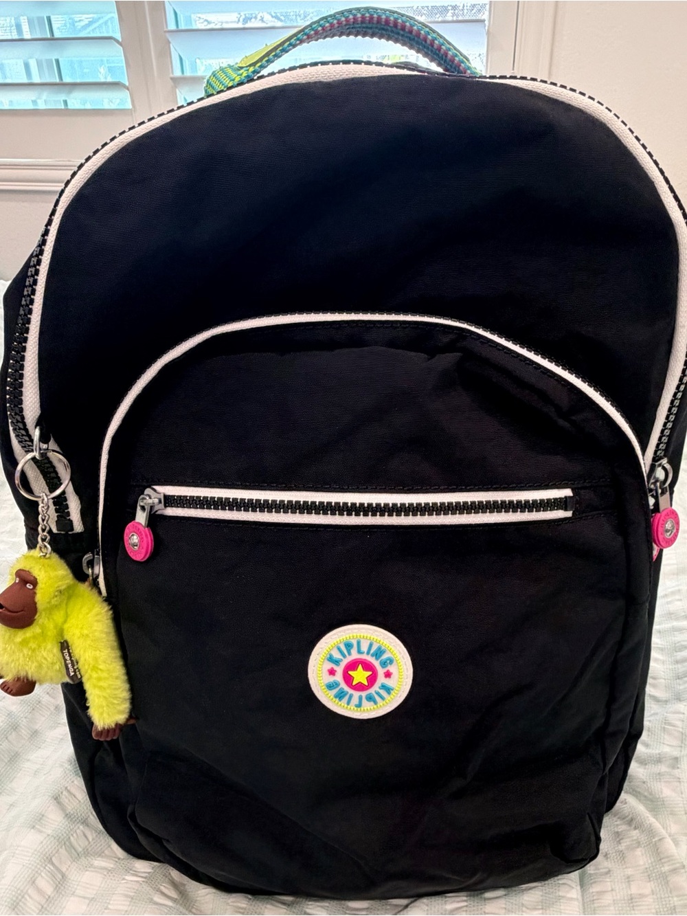 Kipling 17” Black Seoul Backpack with Neon Yellow Monkey Charm
